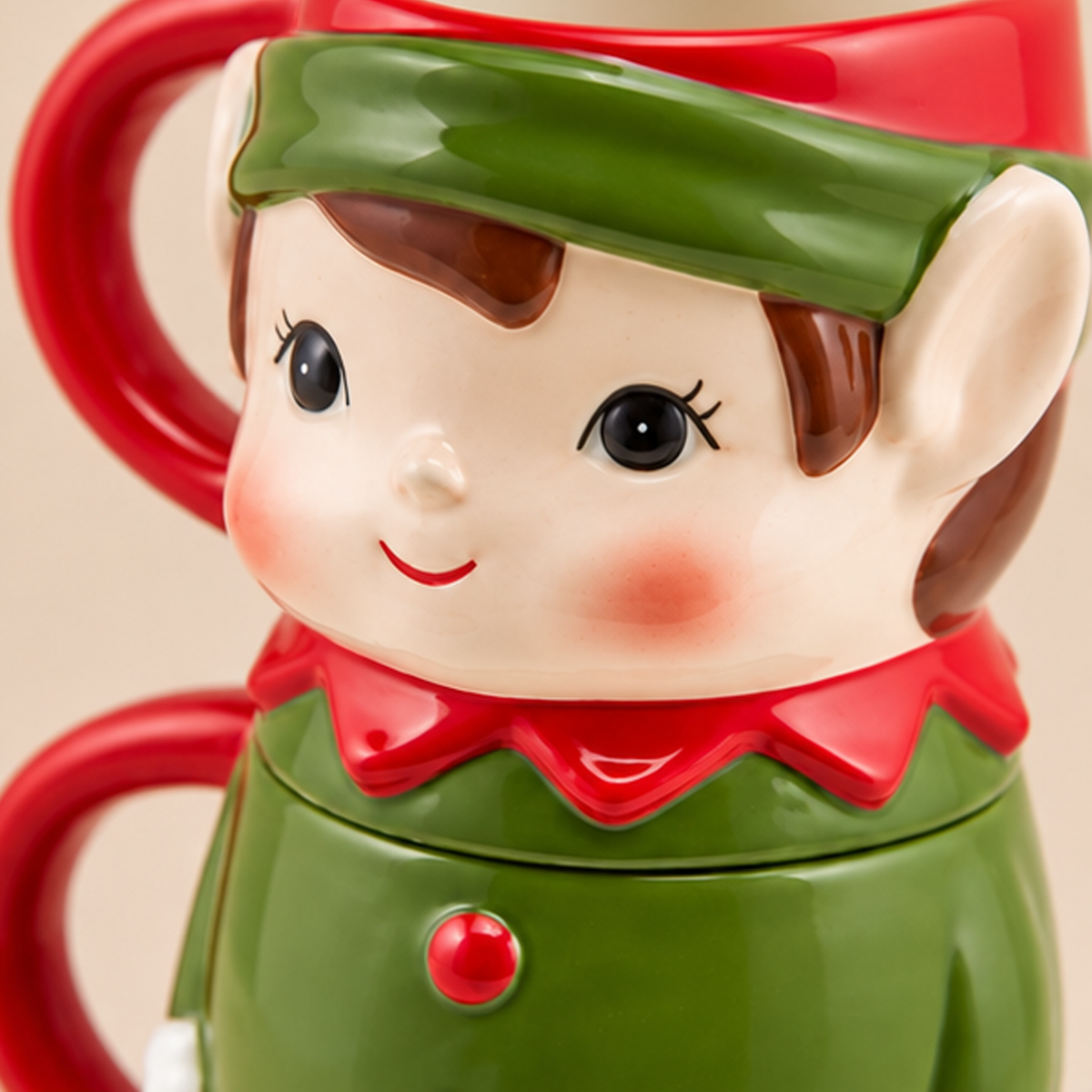 Set 3 Tazze Natalizie Impilabili a Forma di Elfo in Ceramica Verde e Rossa – H 26 cm – Confezione Regalo