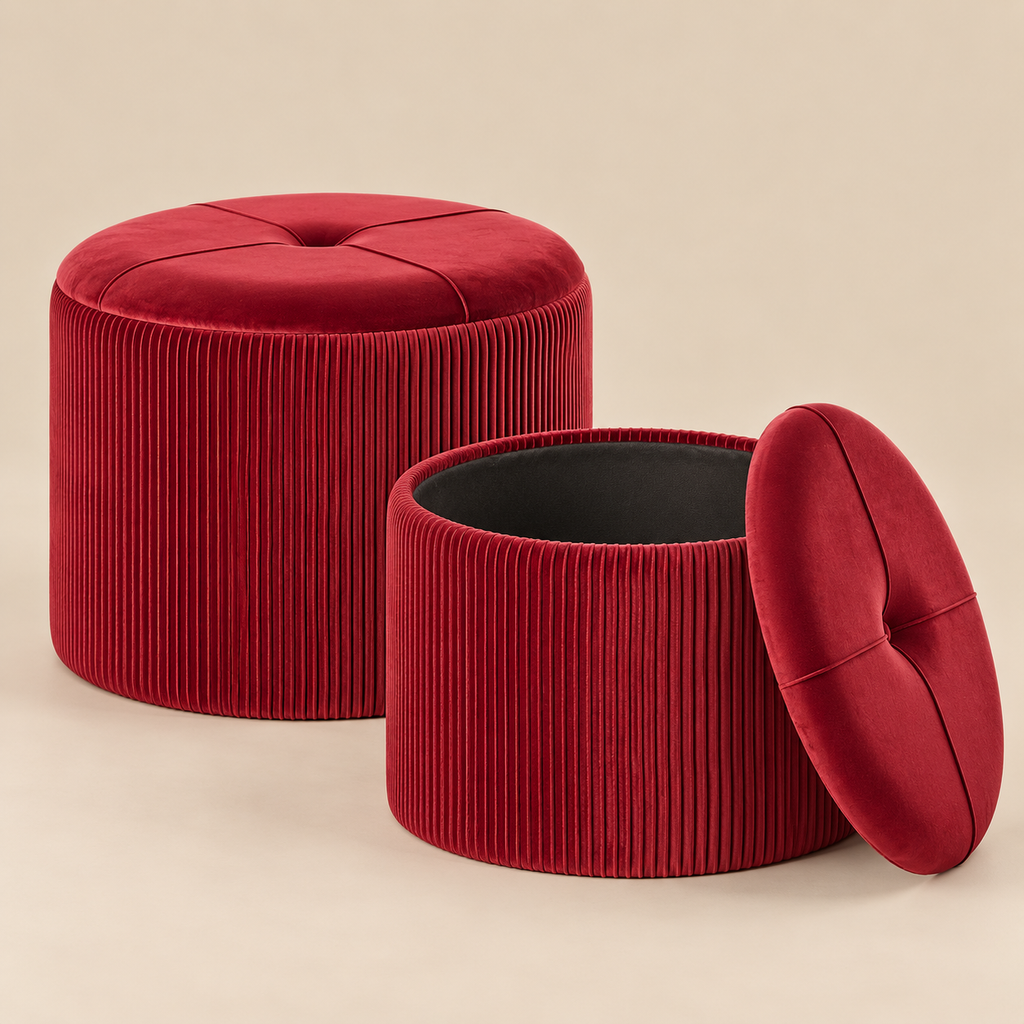 Pouf Contenitore Rotondo in Velluto Rosso rubino