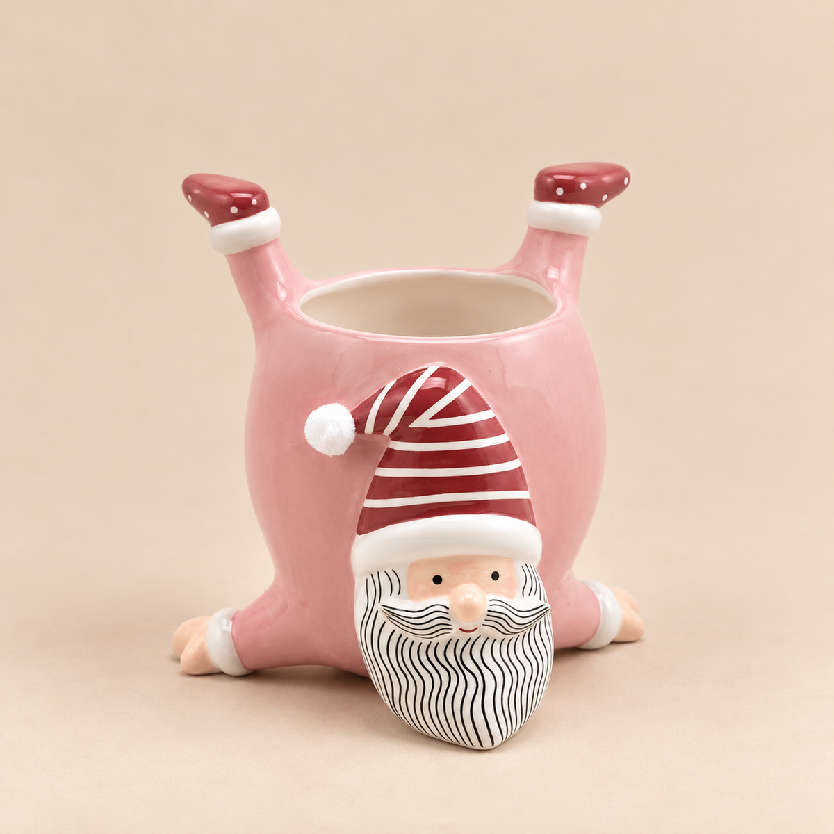 Contenitore Natalizio in Ceramica Rosa con Babbo Natale a Testa in Giù H20 cm
