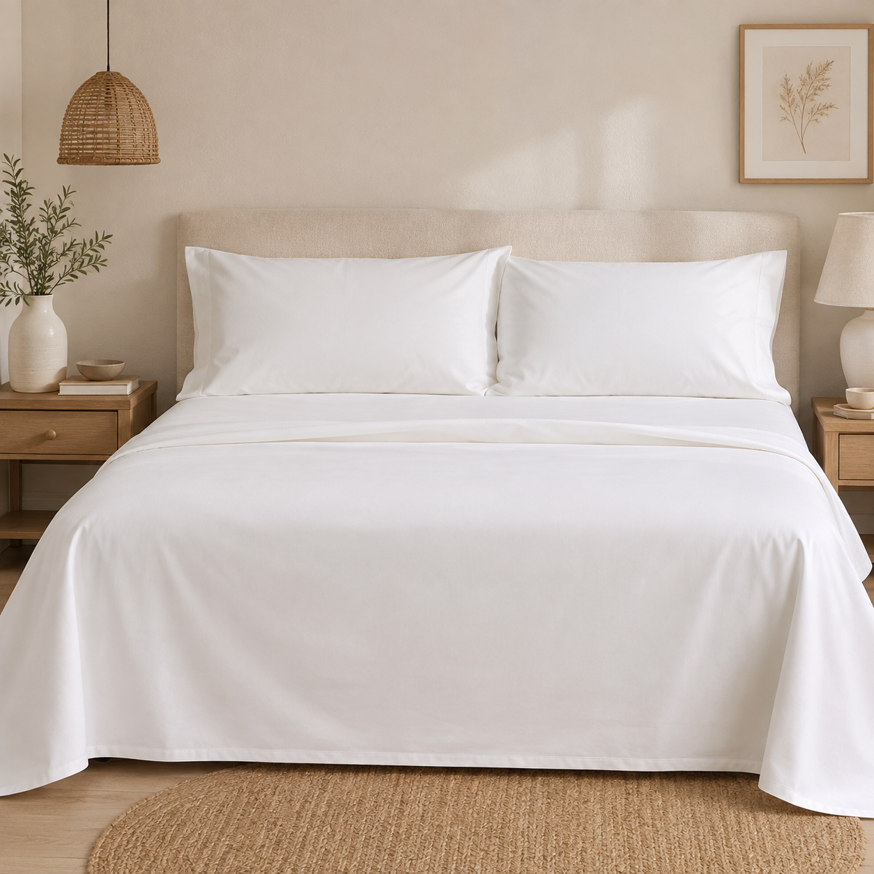 Completo Letto Matrimoniale Trecento Raso di Cotone 300 TC – Bianco Seta