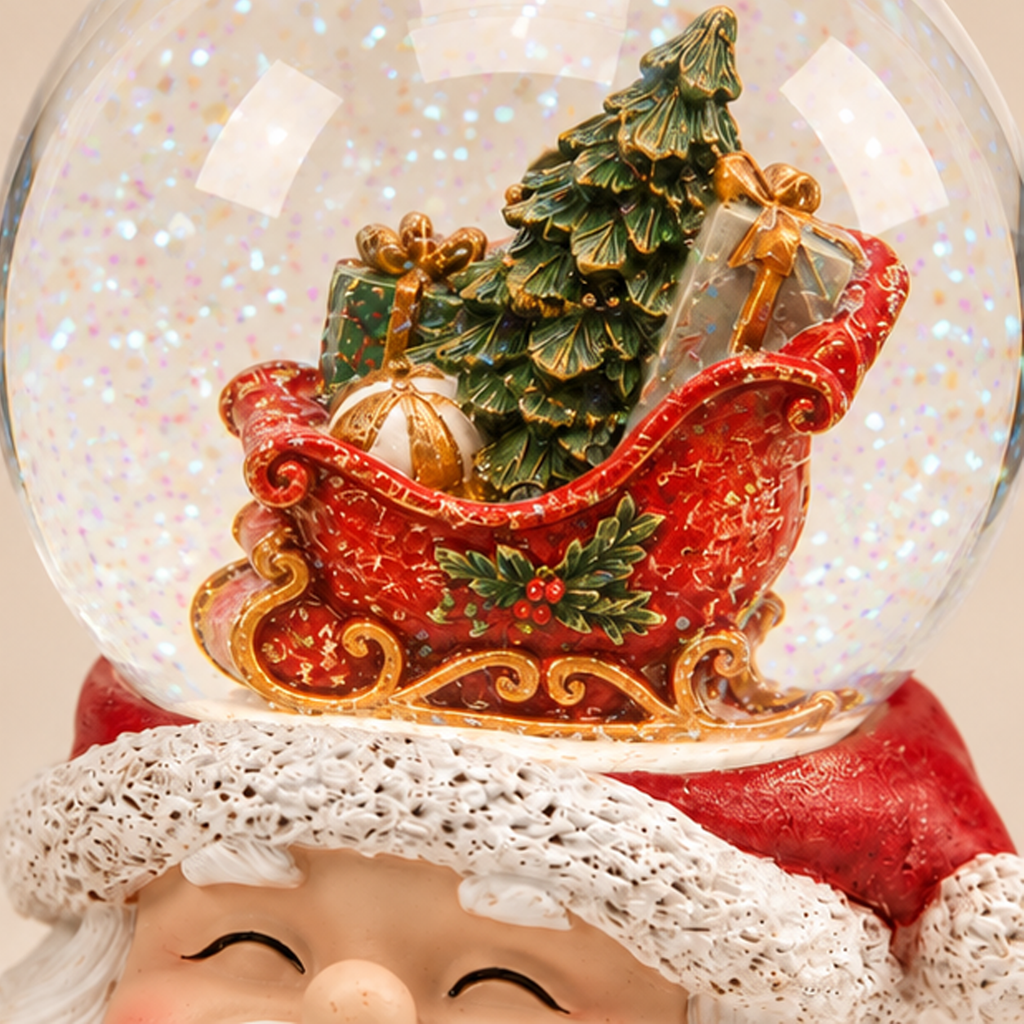 Sfera d'Acqua Natalizia con Slitta e Regali su Viso di Babbo Natale 14cm
