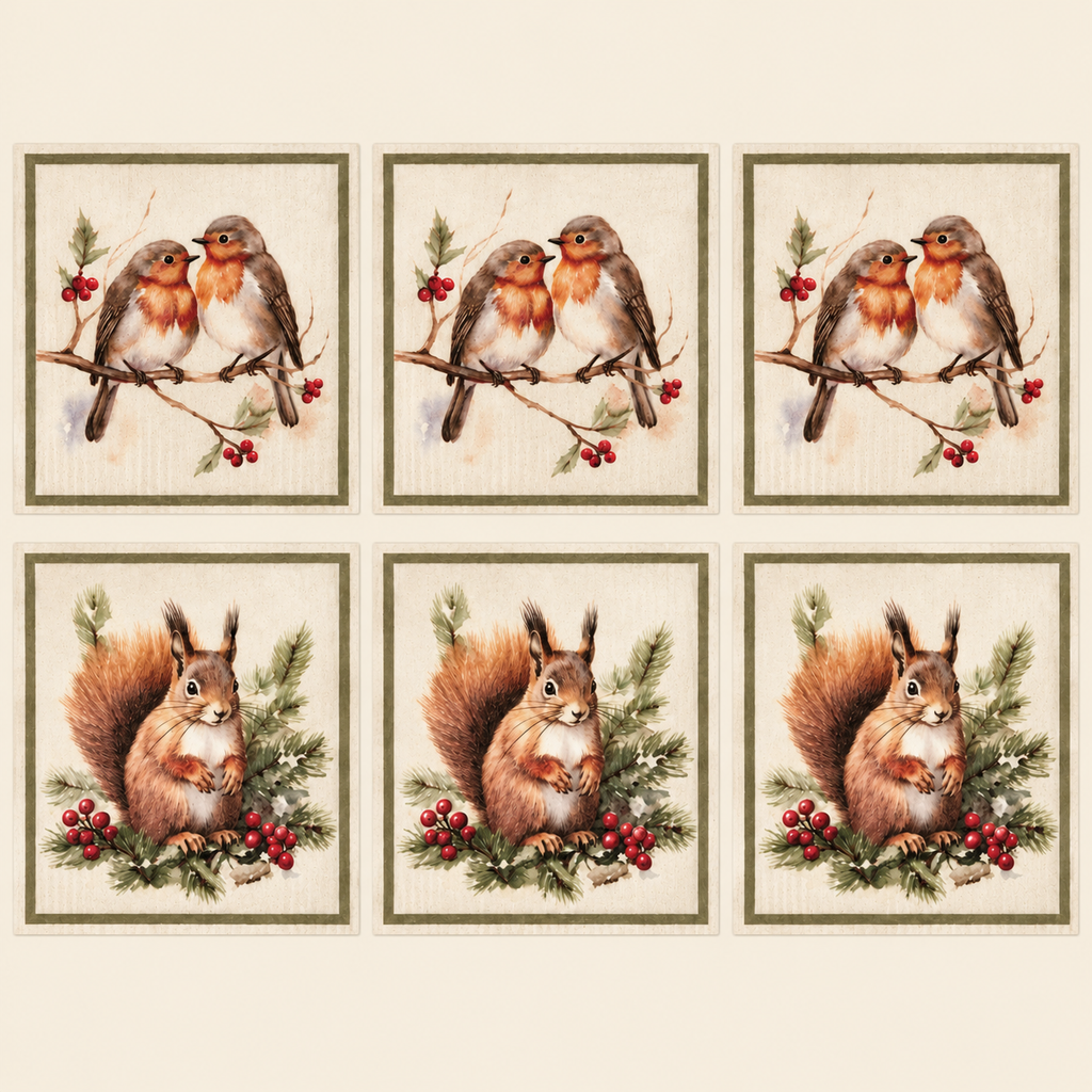 Set 6 Spugne Compostabili in Cellulosa “Bosco Incantato” – Pettirossi e Scoiattoli
