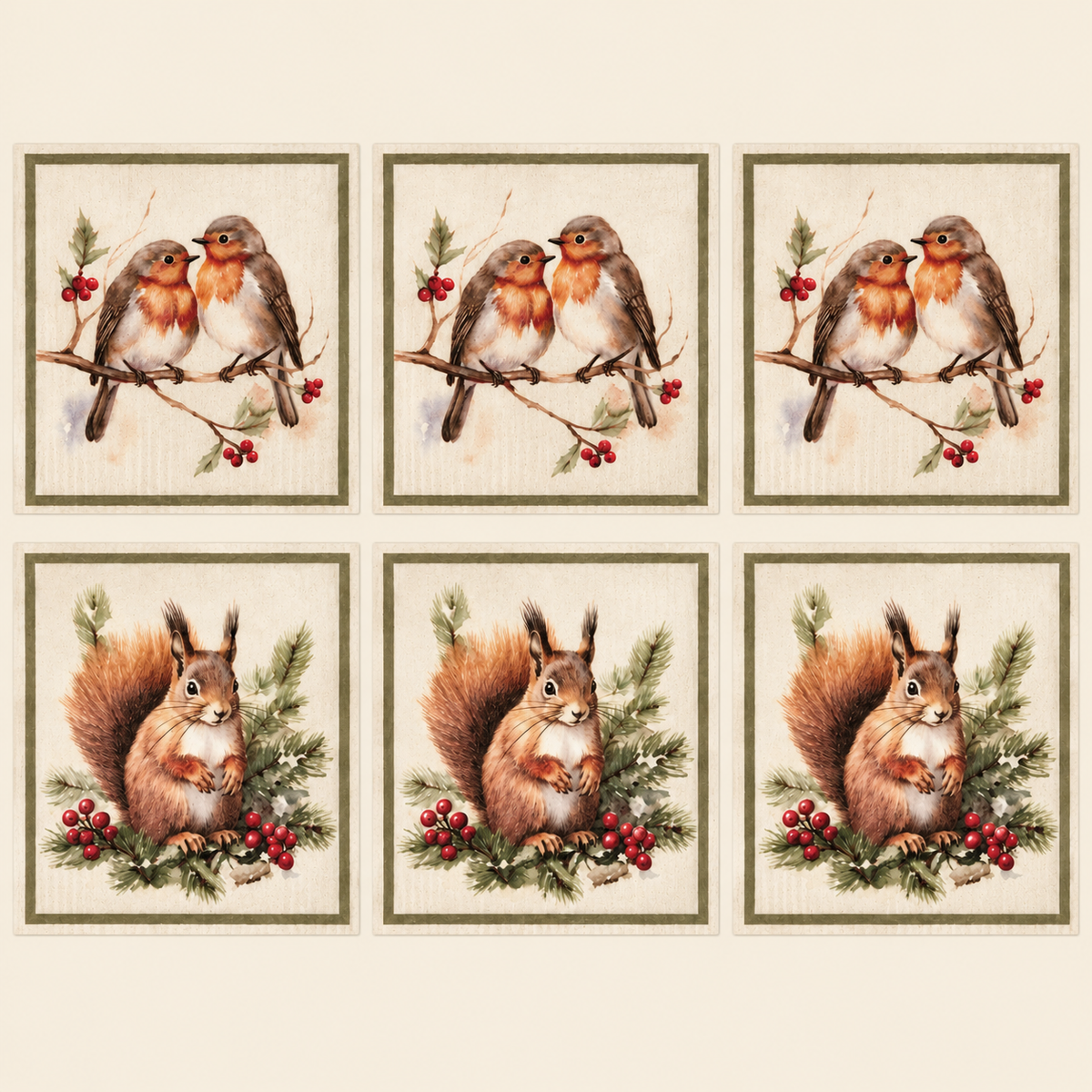 Set 6 Spugne Compostabili in Cellulosa “Bosco Incantato” – Pettirossi e Scoiattoli