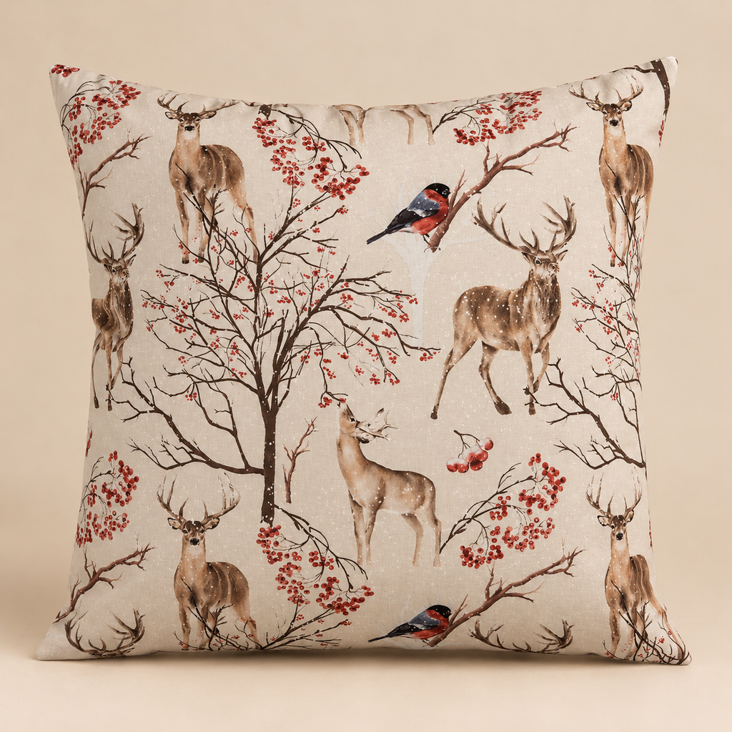Cuscino Natalizio Decorativo Beige con Cervi, Uccellini e Bacche Rosse 45 x 45 cm