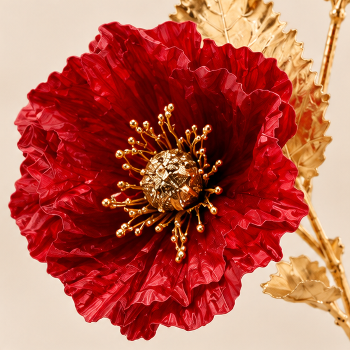 Ramo Papavero Artificiale Rosso e Oro h.64 cm