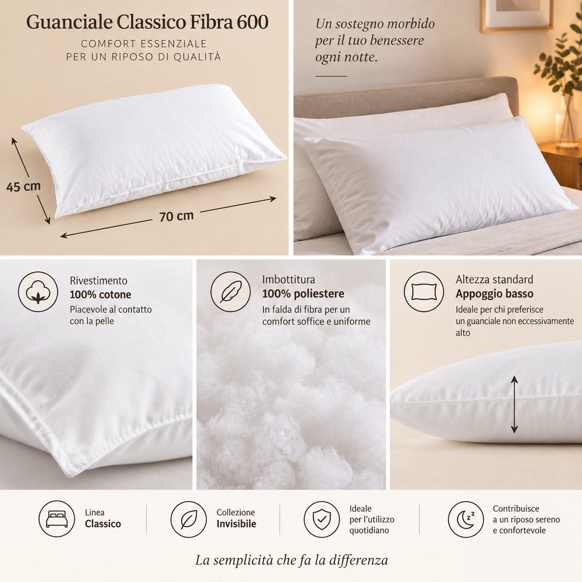 Guanciale Classico Fibra 600 in Cotone con Imbottitura in Poliestere