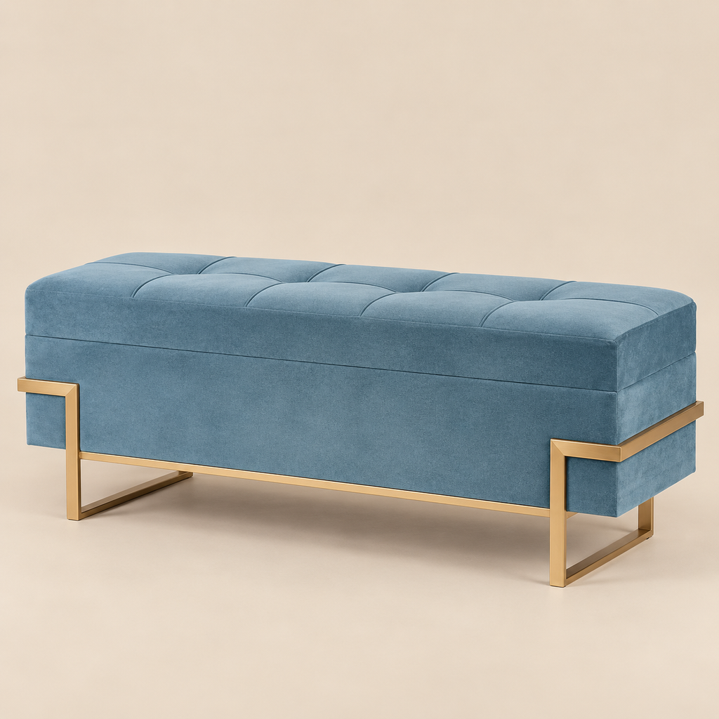 Pouf Contenitore in Velluto Azzurro con Struttura Oro 120 x 40 x H45 cm