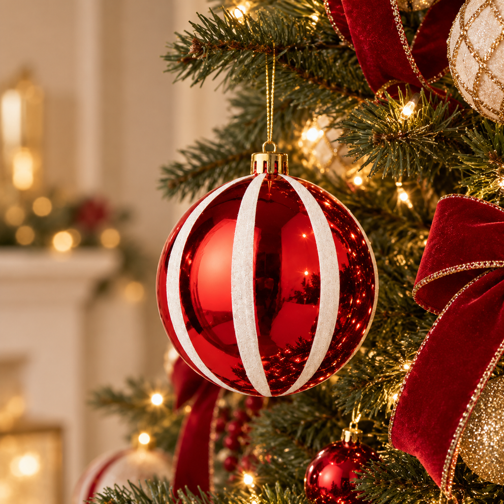 Sfera di Natale in PVC Rosso Lucido con Strisce Bianche Glitterate – Ø 12 cm