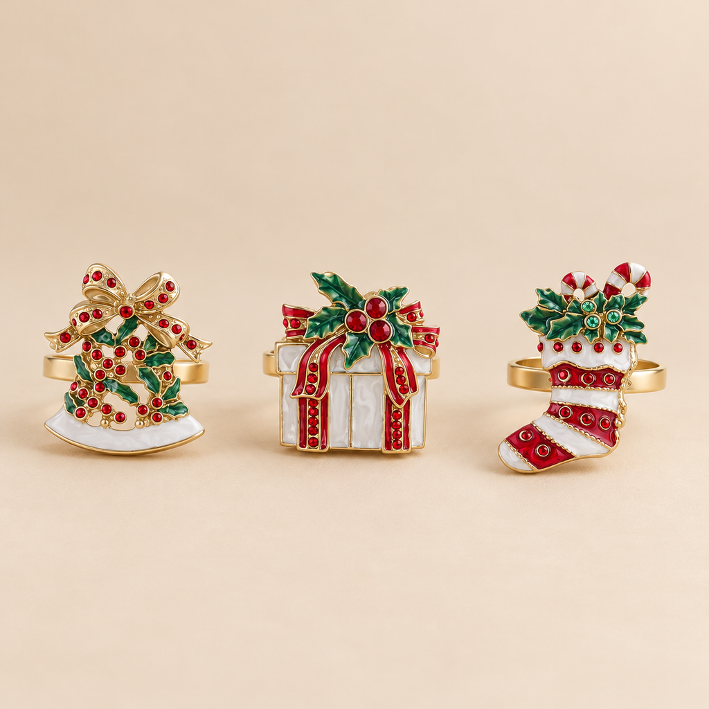 Portatovaglioli Natalizio con Decorazioni Smaltate e Strass Rossi 4 x 5 x H5 cm – Blanc Mariclò Nadina