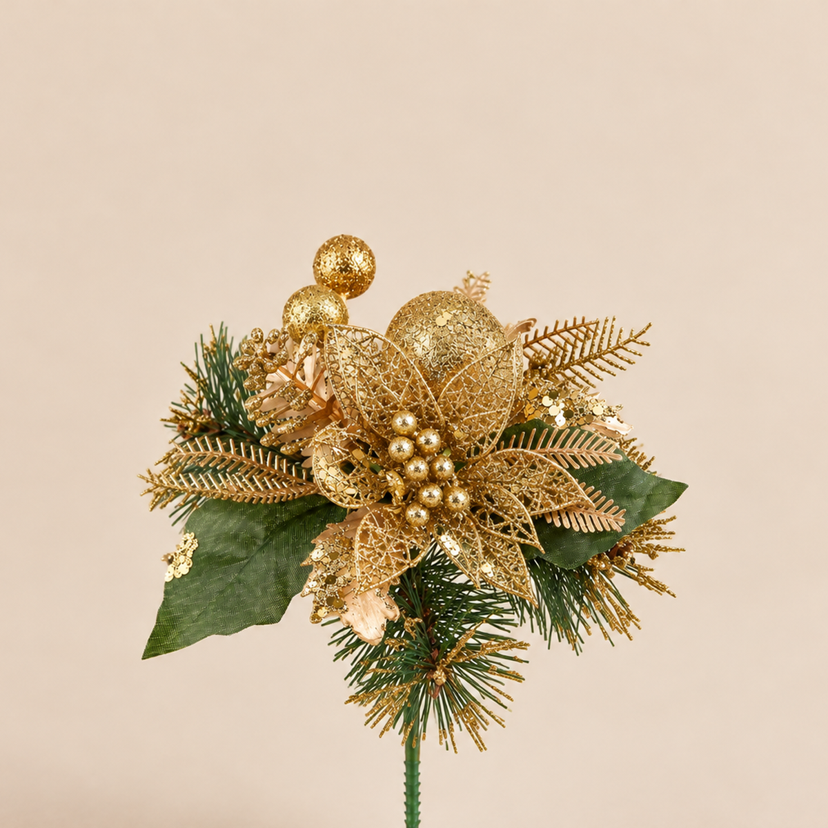 Pick Natalizio Oro con Poinsettia, Palline e Rami H 18 cm