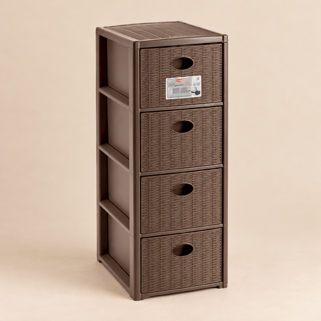 Cassettiera Elegance Slim 4 Cassetti Salvaspazio Marrone Effetto Rattan – 30 x 40 x H 80 cm