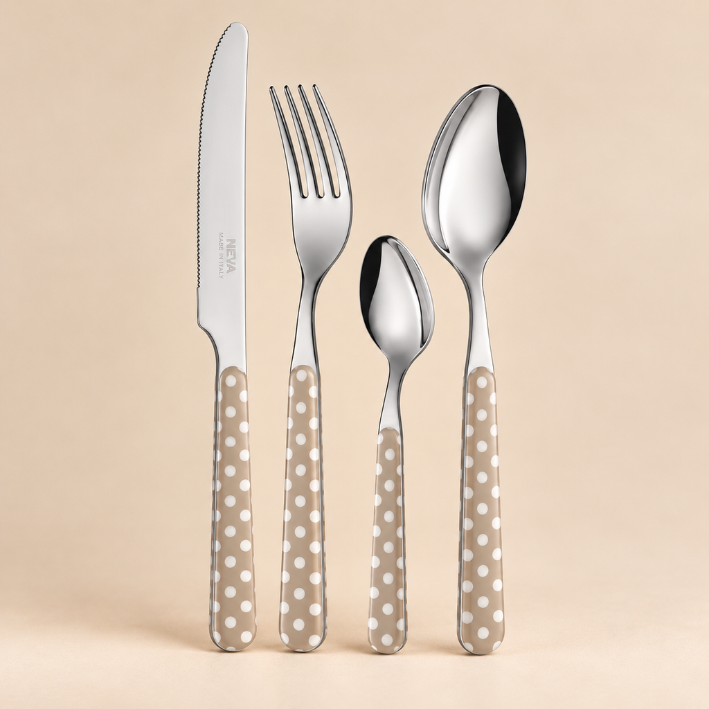 Servizio Posate 24 Pezzi Bistrot Tortora a Pois Bianchi – Acciaio Inox 18/10