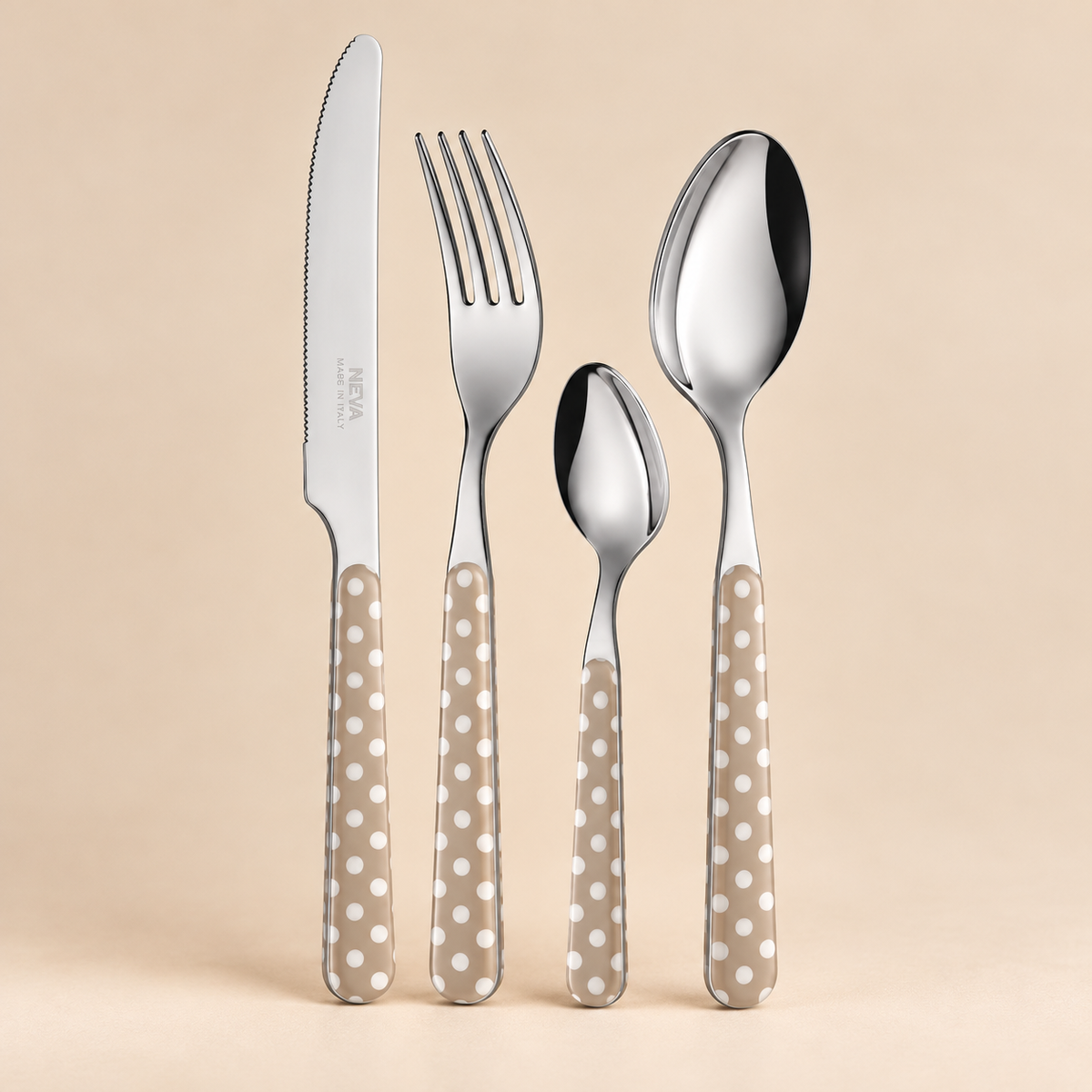 Servizio Posate 24 Pezzi Bistrot Tortora a Pois Bianchi – Acciaio Inox 18/10