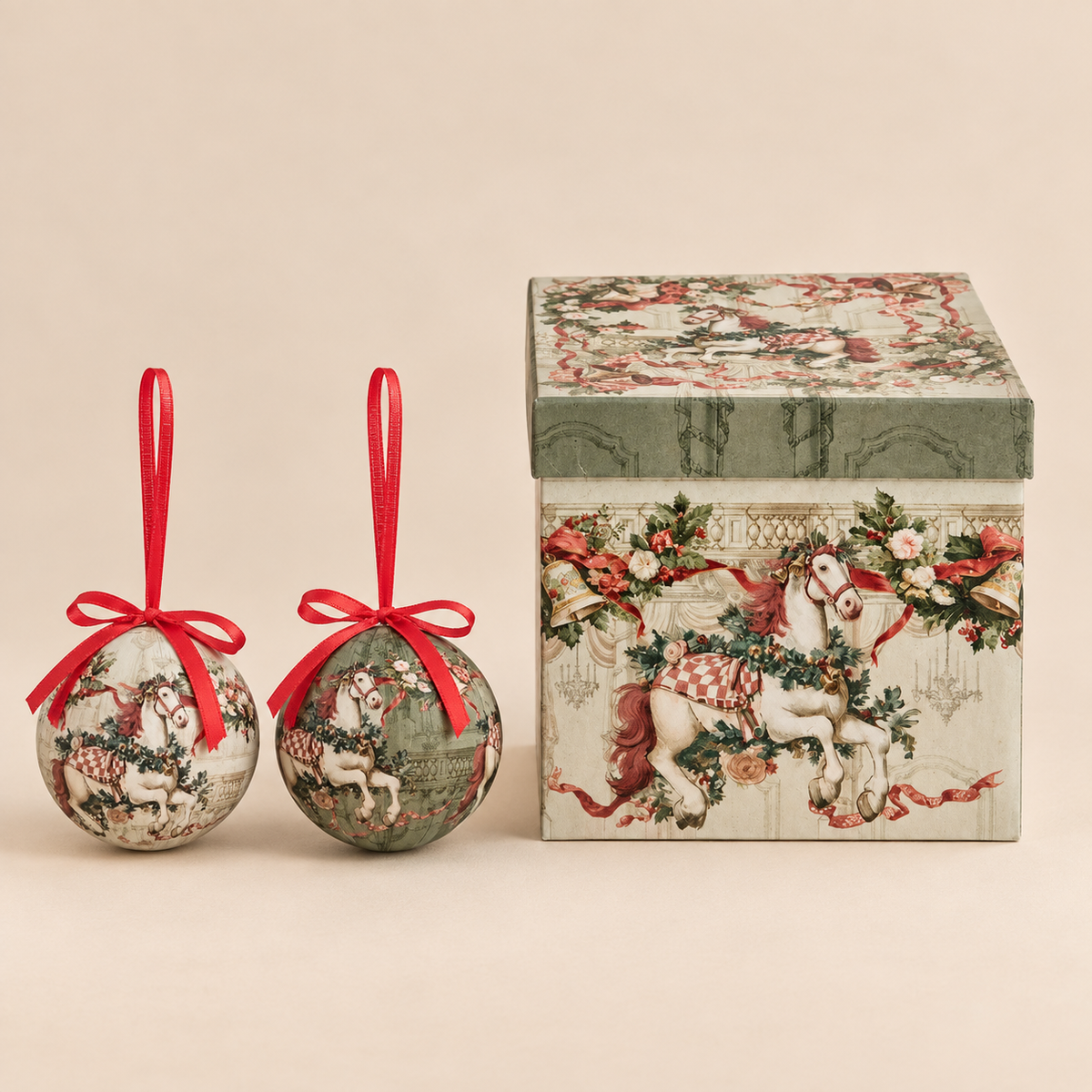 Scatola con 8 Palline di Natale Ø 6 cm con Decoro Cavallino - Collezione Calessi e Calessini