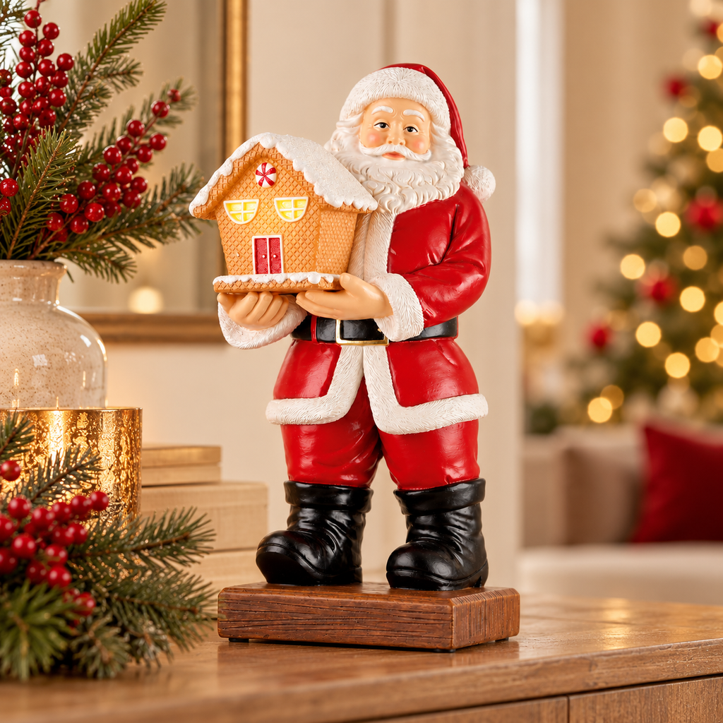 Babbo Natale con Casetta di Pan di Zenzero Illuminata in Resina – Collezione My Dear Santa 14x16x31 cm