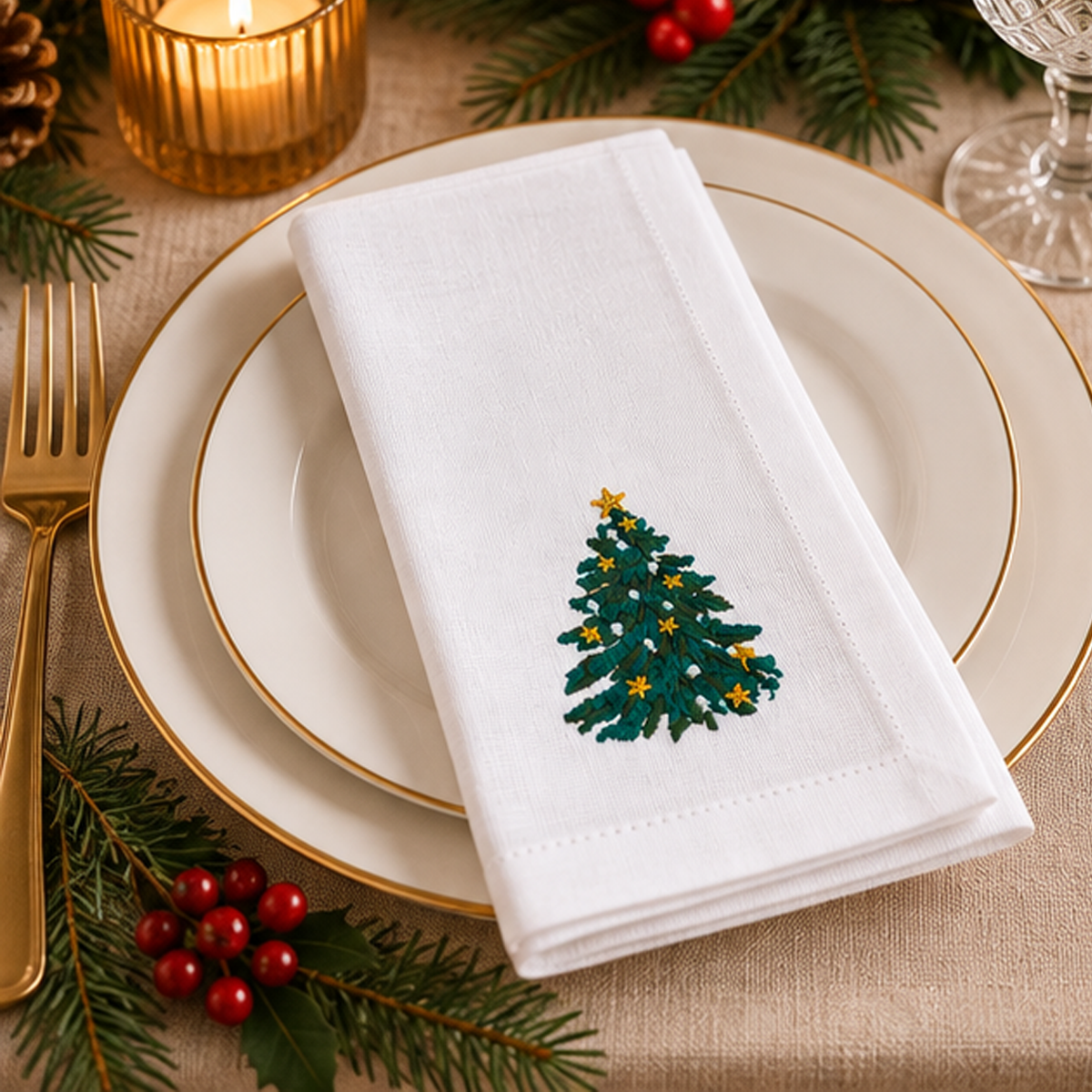 Set 4 Tovaglioli Natalizi in Cotone bianchi con Ricamo Albero 40 x 40 cm (Copia)