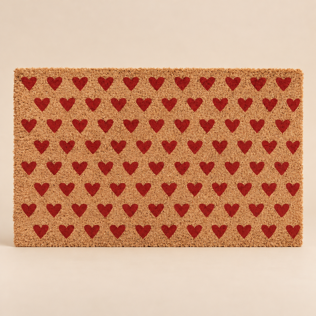 Zerbino Rettangolare in Fibra di Cocco Naturale con Cuori Rossi 75 x 45 cm