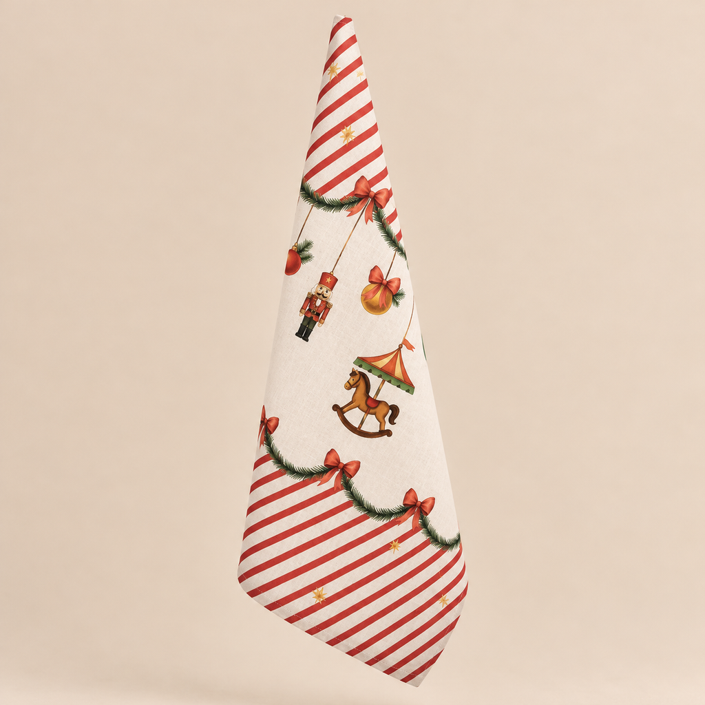 Canovaccio da Cucina Natalizio Christmas Carousel in Cotone con Cavallo a Dondolo, Schiaccianoci e Fiocchi Rossi 50 x 70 cm