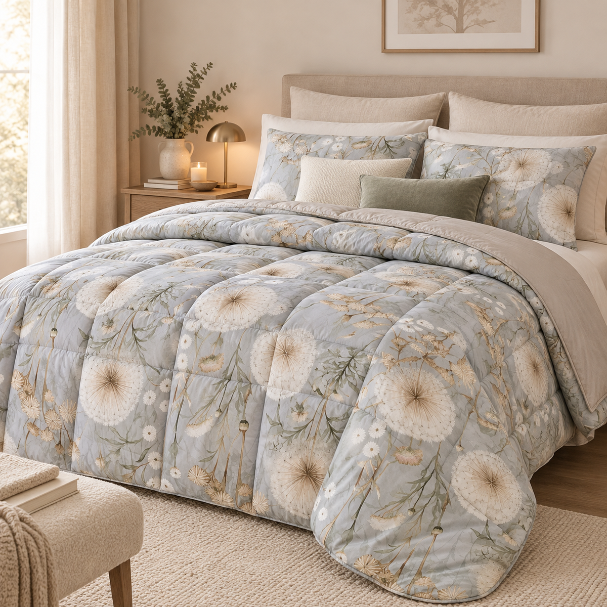 Trapunta Matrimoniale Double-Face Brezza in Percalle di Cotone Riciclato con Fantasia Floreale Azzurro Polvere 260 x 270 cm – Tessitura Randi
