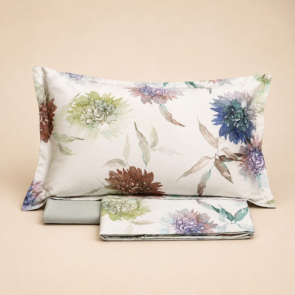 Completo Lenzuola Matrimoniale Bloom – Raso di Puro Cotone 300 TC – Marilyn