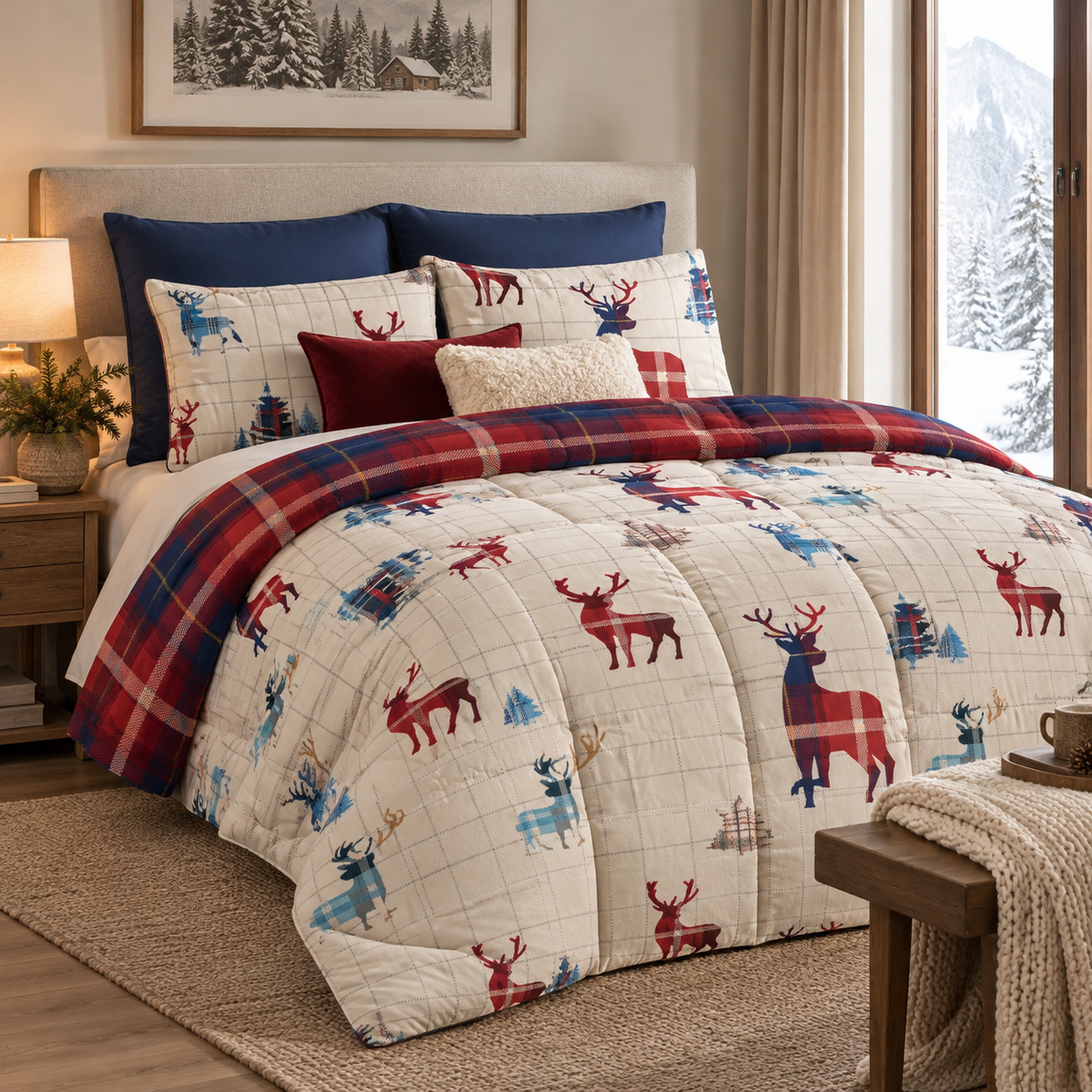 Trapunta Matrimoniale Invernale in Microfibra con Fantasia Renne e Tartan Rosso e Blu 260 x 260 cm