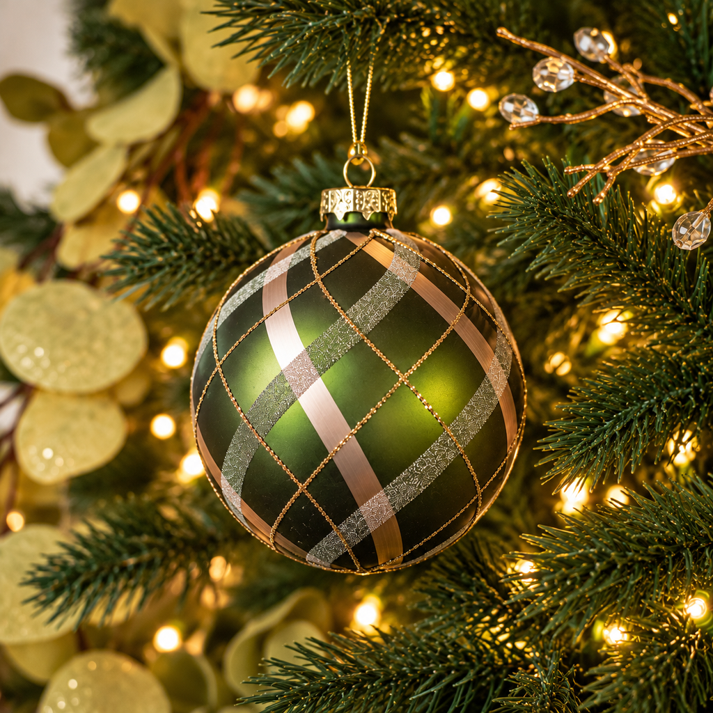 Sfera di Natale in Vetro Verde e Oro con Fantasia a Quadretti e Glitter – Ø 8 cm