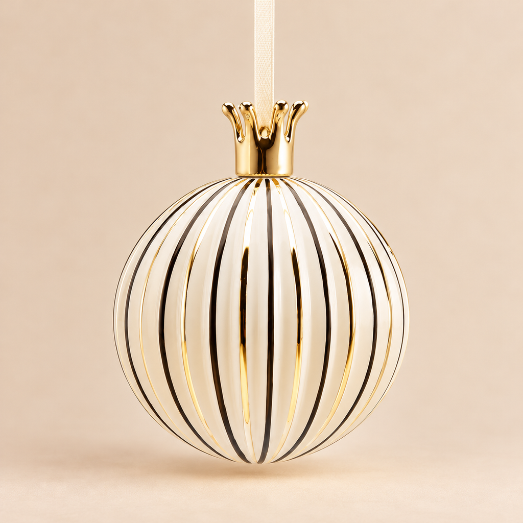 Sfera di Natale in Vetro Bianco Avorio Lucido con Righe Verticali Oro e Corona Dorata – Ø 10 cm
