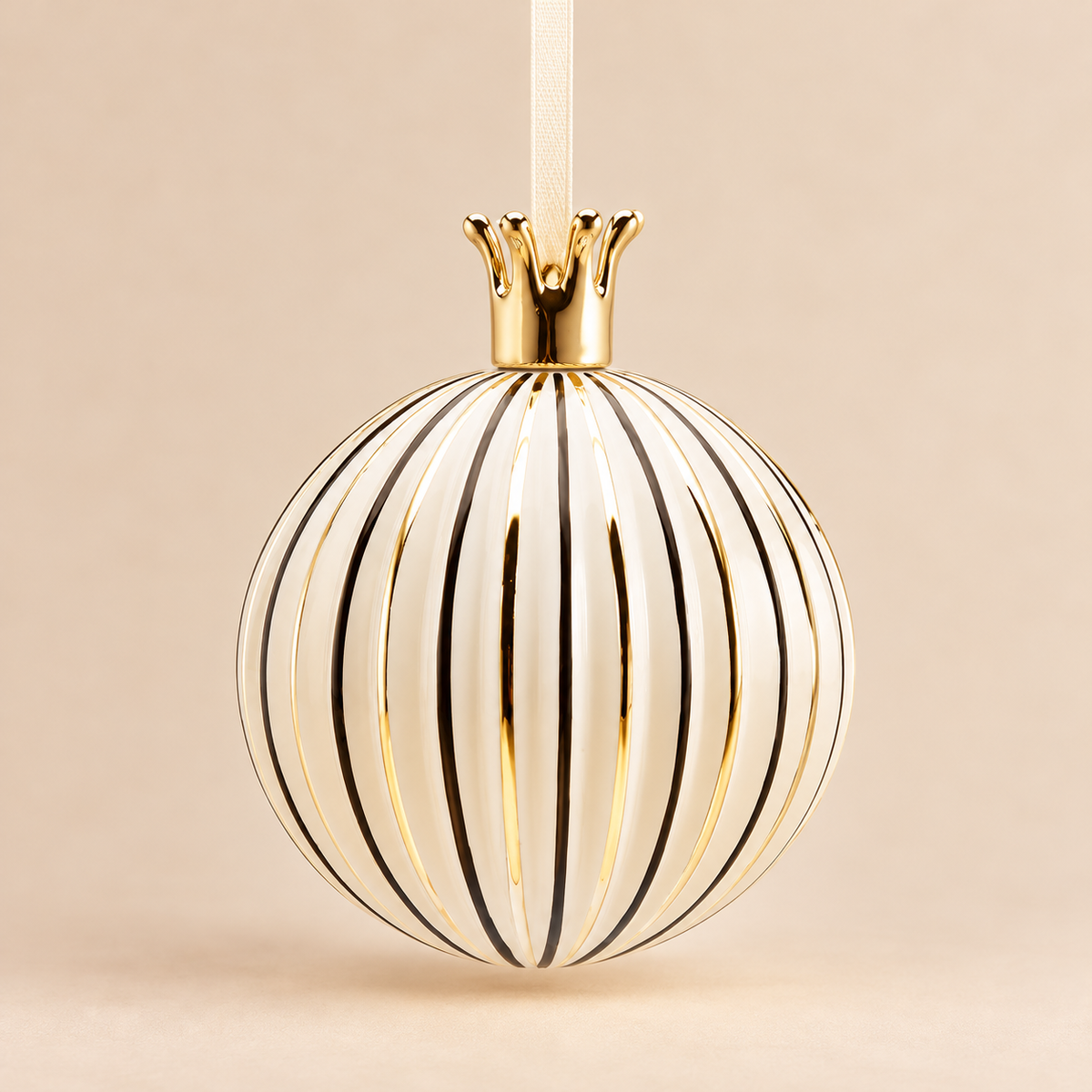 Sfera di Natale in Vetro Bianco Avorio Lucido con Righe Verticali Oro e Corona Dorata – Ø 10 cm