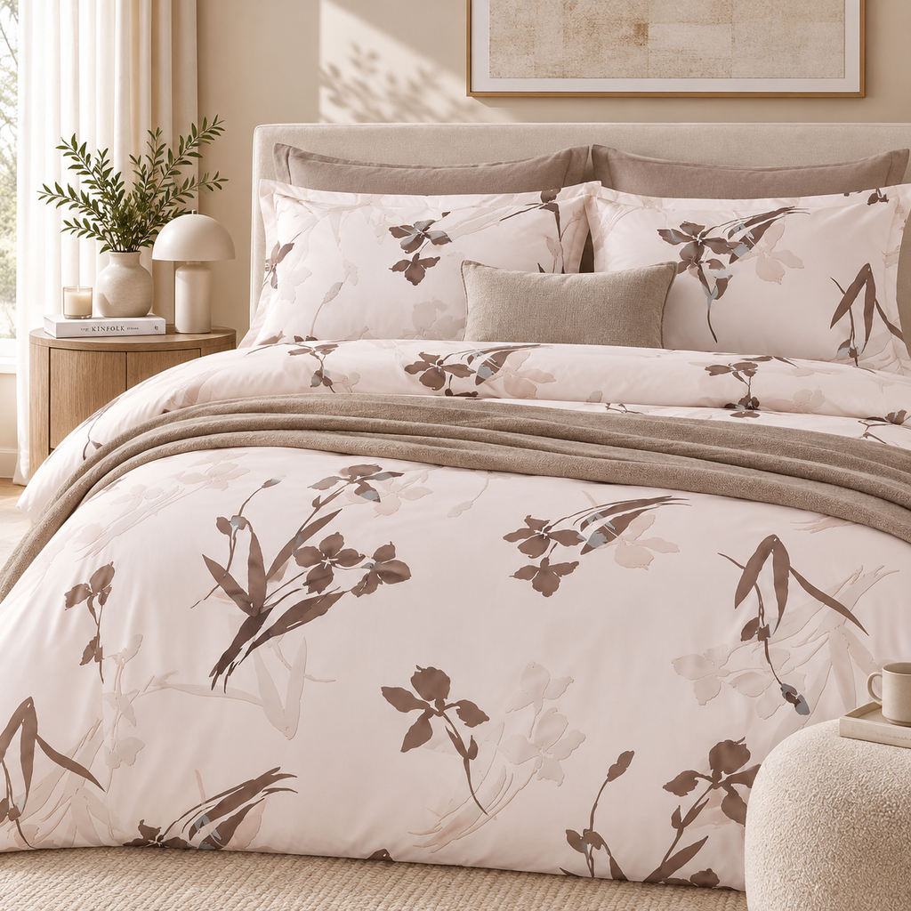 Parure Copripiumino Matrimoniale ABBRACCIO Tessitura Randi Collezione Bloom in Raso di Cotone 300 T.C. Beige Tortora