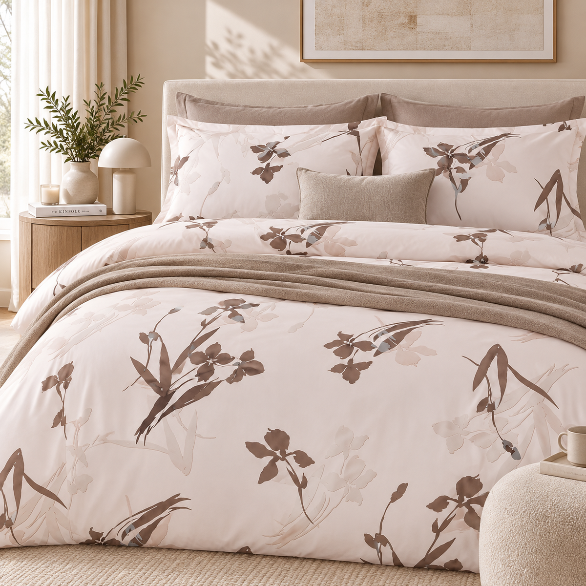 Parure Copripiumino Matrimoniale ABBRACCIO Tessitura Randi Collezione Bloom in Raso di Cotone 300 T.C. Beige Tortora