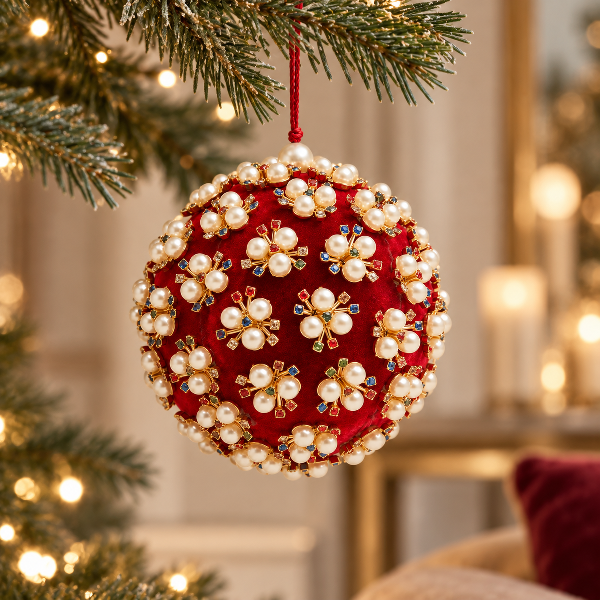 Sfera Natalizia EDG Rossa in PVC con Perle Bianche e Decorazioni Gioiello Multicolore Ø10 cm