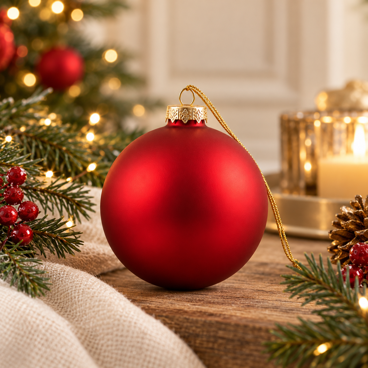 Sfera di Natale in Vetro Rosso Opaco Satinato con Cordoncino Dorato – Ø 10 cm