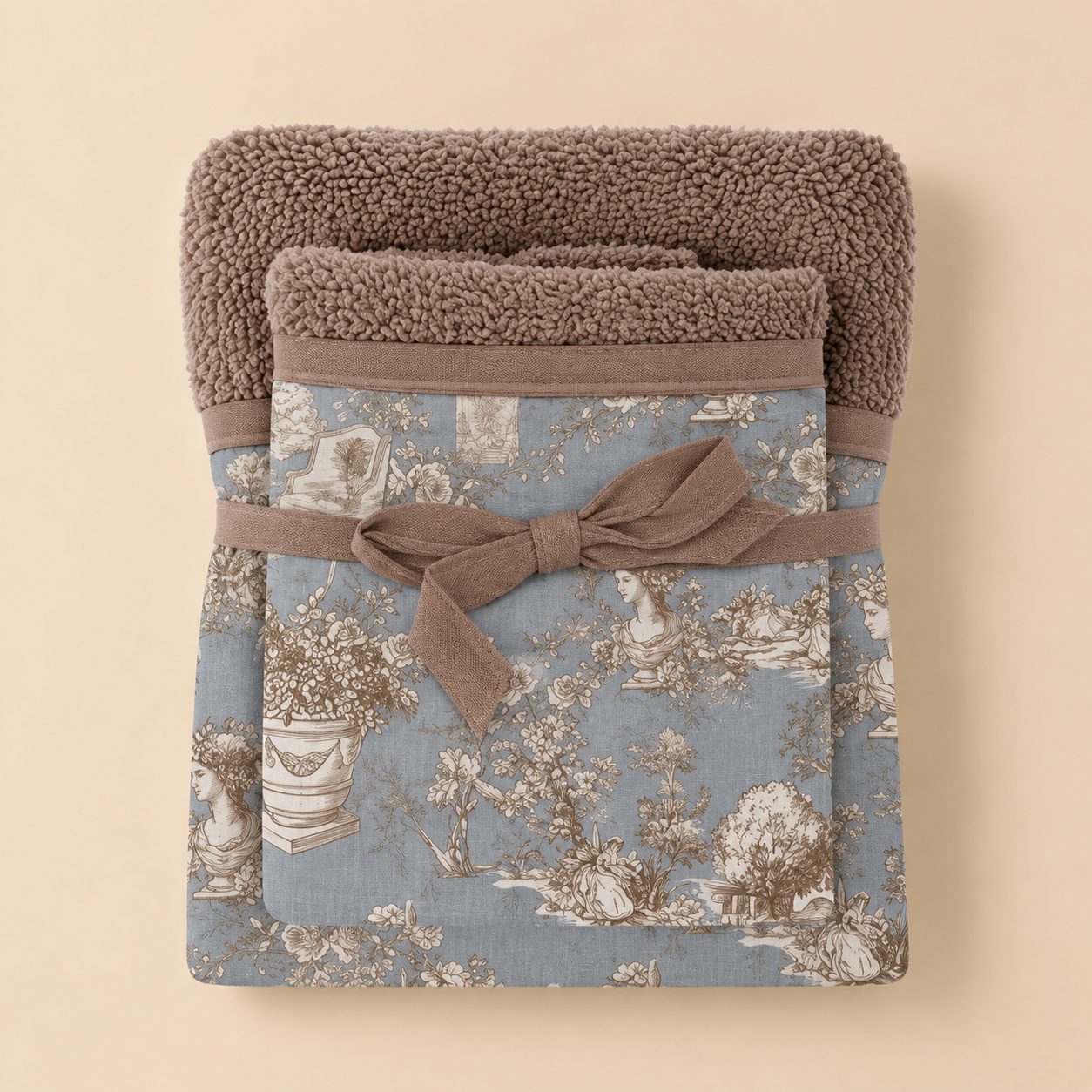 Set 2 Asciugamani Toile du Borgo Blanc Mariclò – 40 x 60 + 60 x 100 cm Tortora con Toile Azzurro