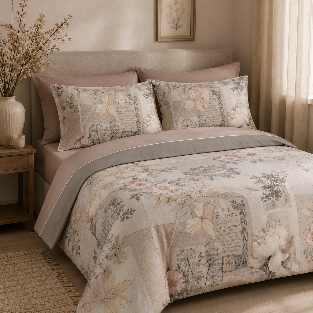 Completo Letto Matrimoniale Divina – Raso e Percalle di Puro Cotone – Rosa/Naturale