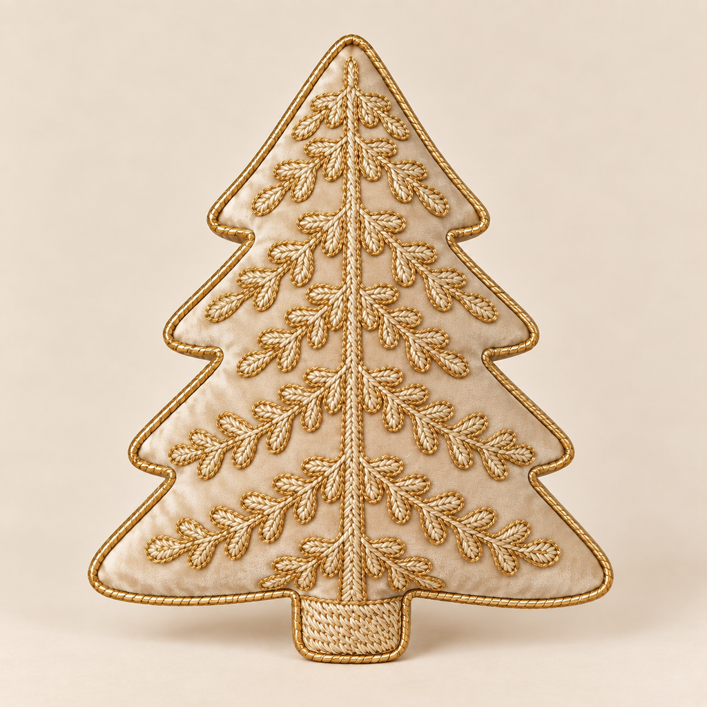Cuscino Natalizio Sagomato Albero Oro con Applicazioni 32 x 42 cm