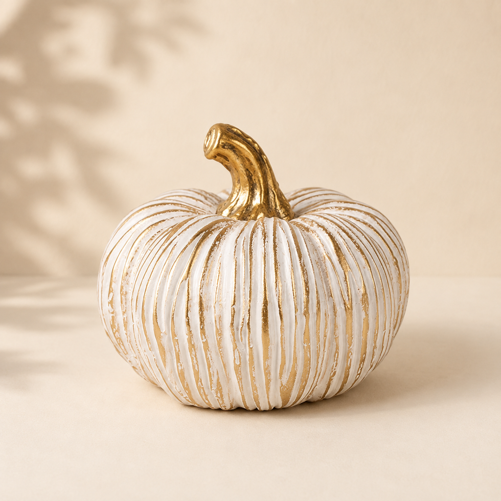 Zucca Decorativa Bianca e Oro in Ceramica – Ø 12 x H 10 cm