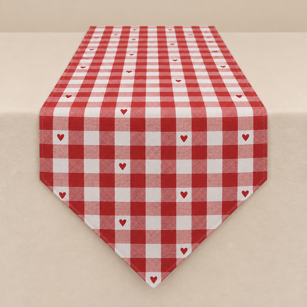 Runner da Tavola Batticuore a Quadretti Rossi e Bianchi con Cuori 50 x 160 cm