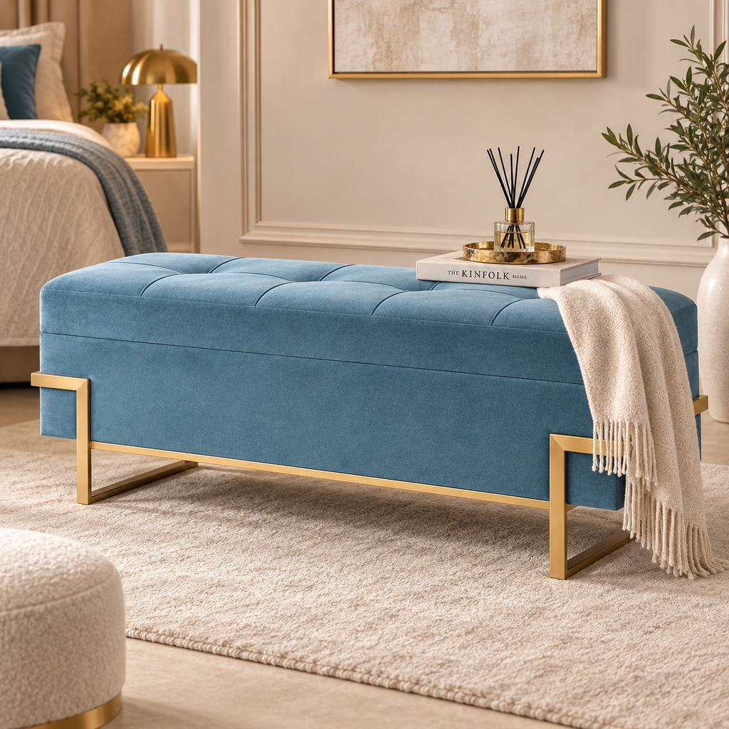 Pouf Contenitore in Velluto Azzurro con Struttura Oro 120 x 40 x H45 cm