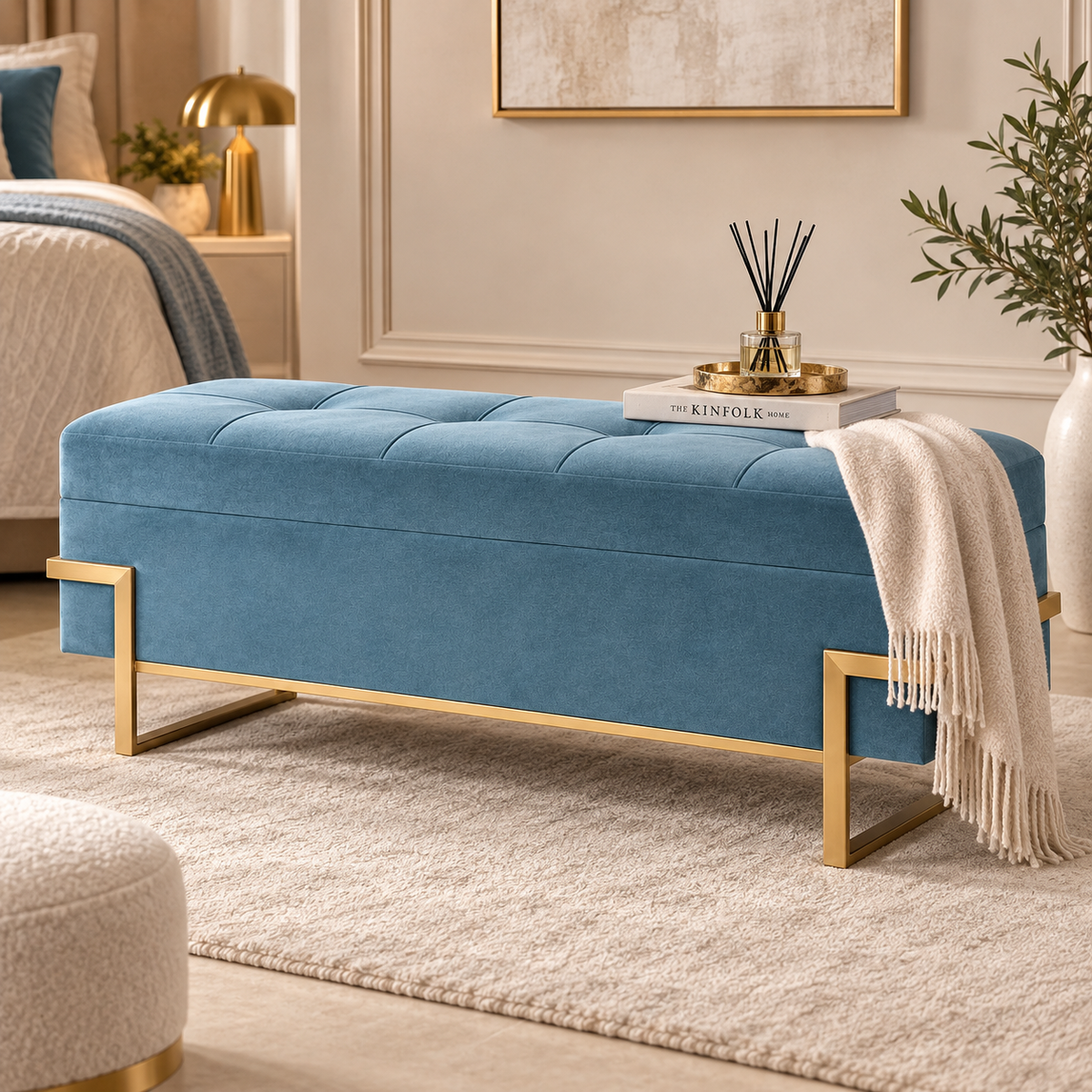 Pouf Contenitore in Velluto Azzurro con Struttura Oro 120 x 40 x H45 cm