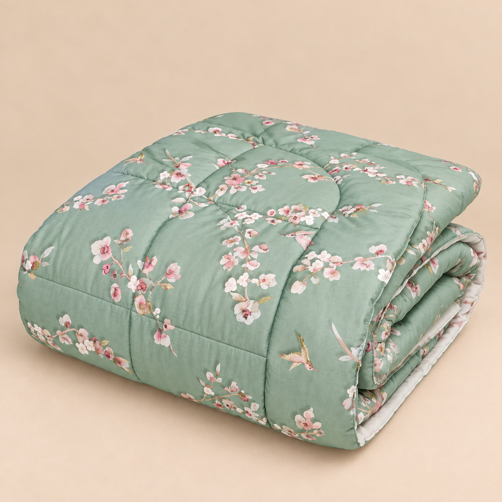Trapunta Matrimoniale Bloom in Raso di Puro Cotone 300 T.C. con Fantasia Floreale Rosa su Fondo Verde Salvia 270 x 270 cm – Tessitura Randi