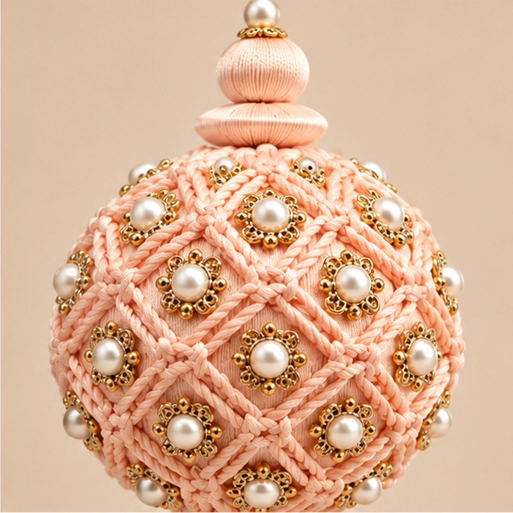 Sfera Natalizia EDG Rosa Cipria con Ricamo Intrecciato, Rosette Dorate e Nappa Ø8xH28 cm