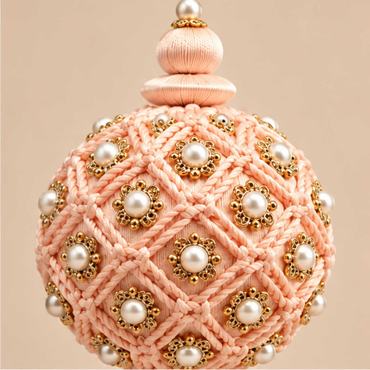 Sfera Natalizia EDG Rosa Cipria con Ricamo Intrecciato, Rosette Dorate e Nappa Ø8xH28 cm