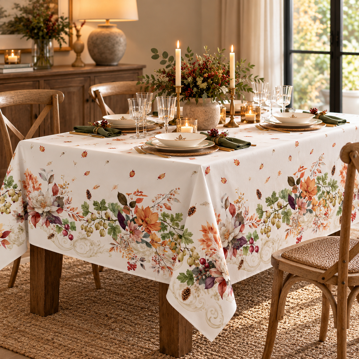 Tovaglia UVA SPINA 150x220 cm in Panama 100% Cotone con Stampa Digitale Floreale e Bacche – Made in Italy