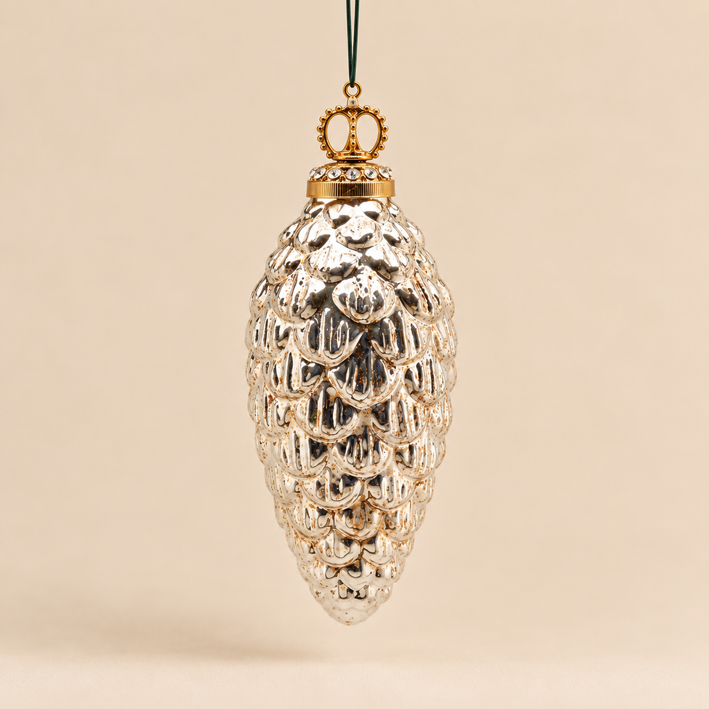 Decorazione Natalizia Pigna in Vetro Argento H 13 cm Ø 6 cm