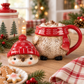 Tazza Natalizia Uccellino con Cappello Rosso e Coperchio 500 ml in Ceramica