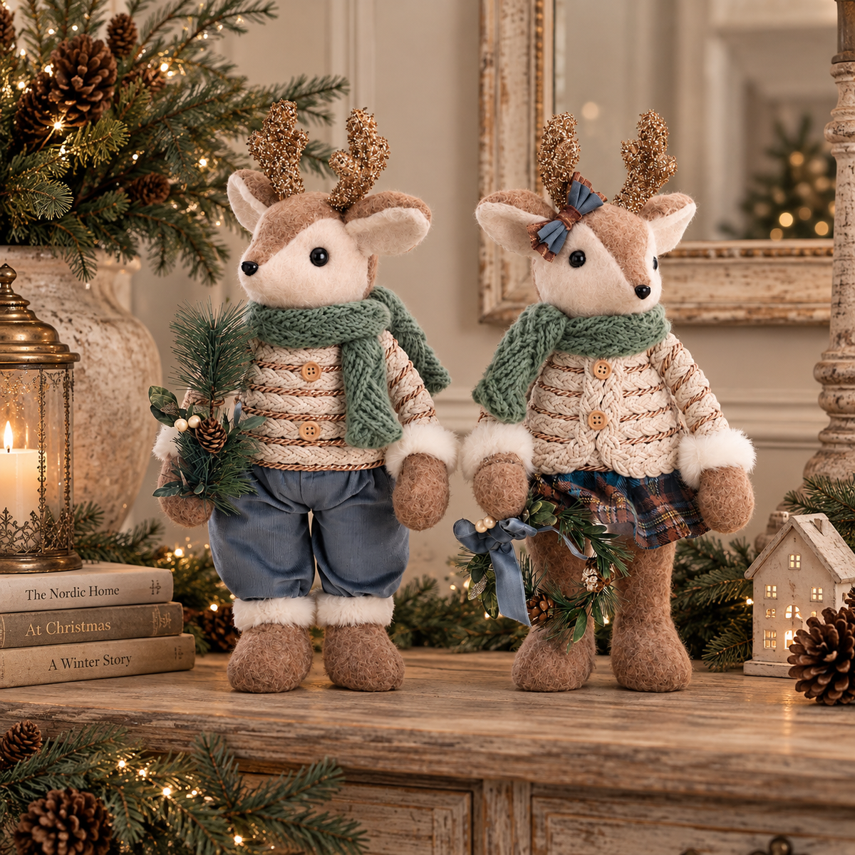 Renna Natalizia Decorativa in Tessuto con Maglioncino e Sciarpa Verde H44 cm – Blanc Mariclò Sottobosco Incantato