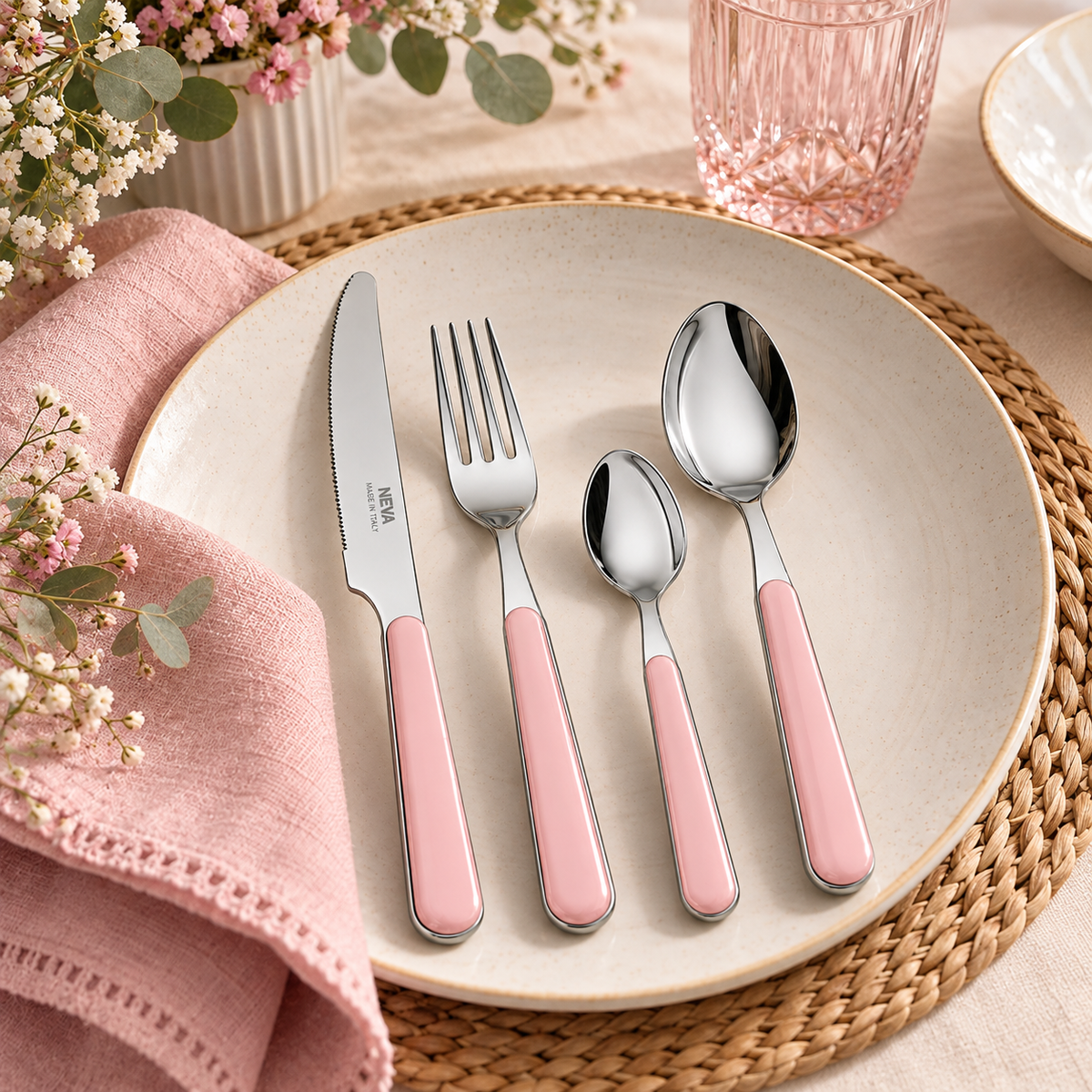 Servizio Posate 24 Pezzi Bistrot Rosa in Acciaio Inox 18/10 – Manico Decorato Rosa Cipria