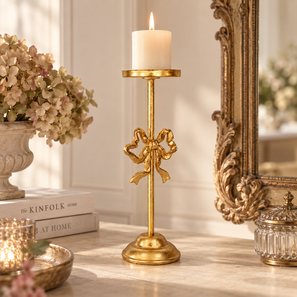 Portacandela Alto con Fiocco Oro Anticato 30 cm