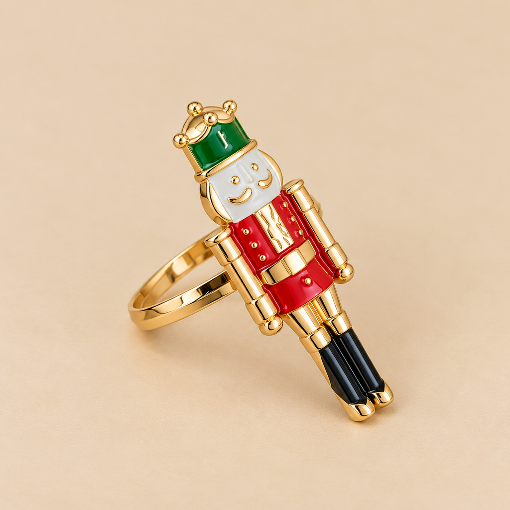 Set 4 Portatovaglioli Natalizi Schiaccianoci in Metallo Rosso, Verde e Oro – Decorazioni per la Tavola di Natale