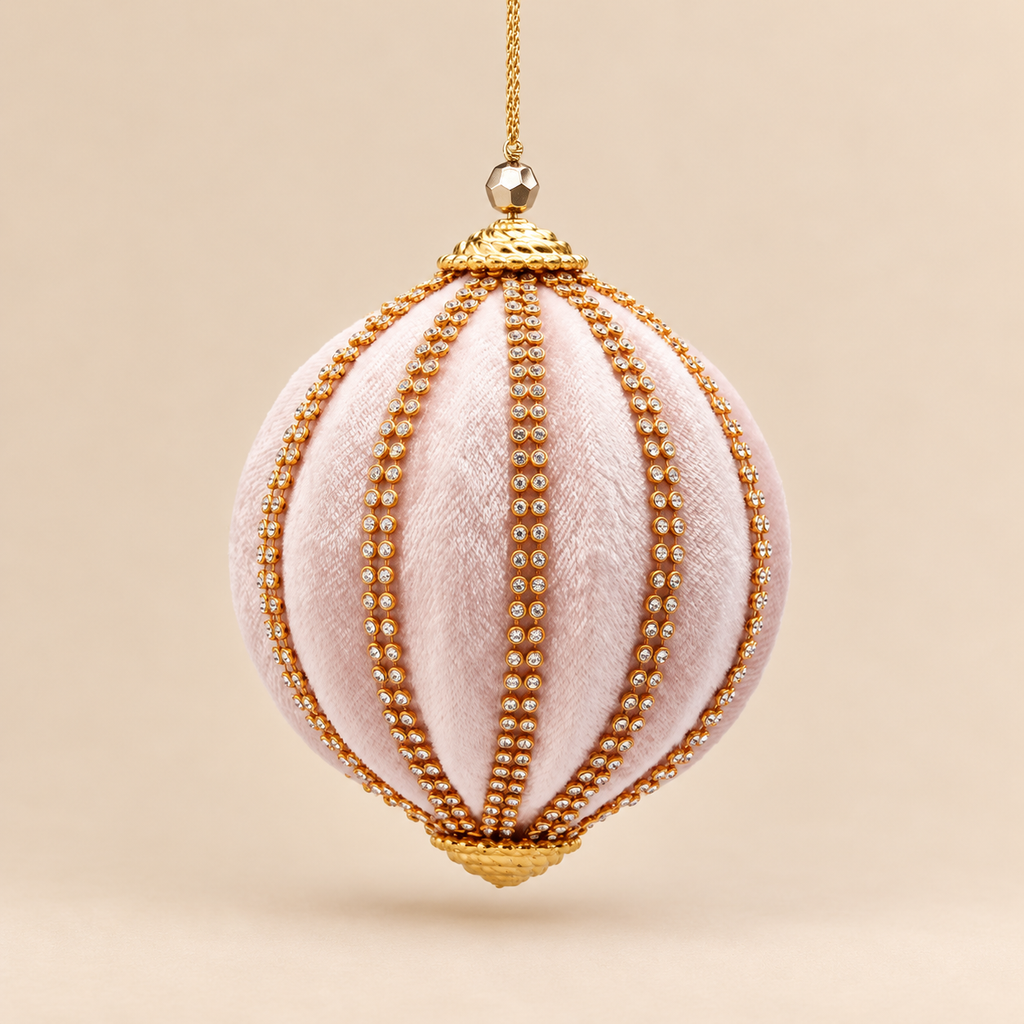 Sfera di Natale EDG Rosa Cipria Effetto Velluto con Strass e Dettagli Dorati – Ø 10 cm